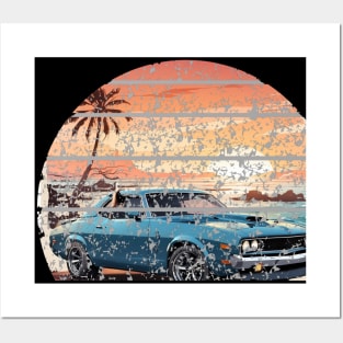 A muscle car cruisingon a coastal road during sunset Posters and Art